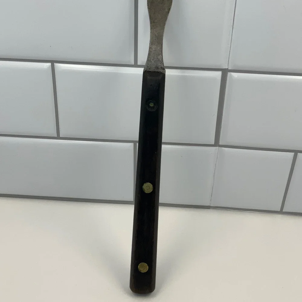 Vintage Unbranded Two Tine Carving Fork Wood Carbon Steel Brown 10.75in